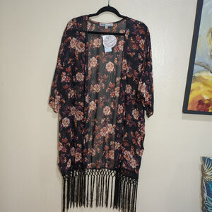 Gypsies & Moondust Kimono Womens Black Floral Lace Fringe